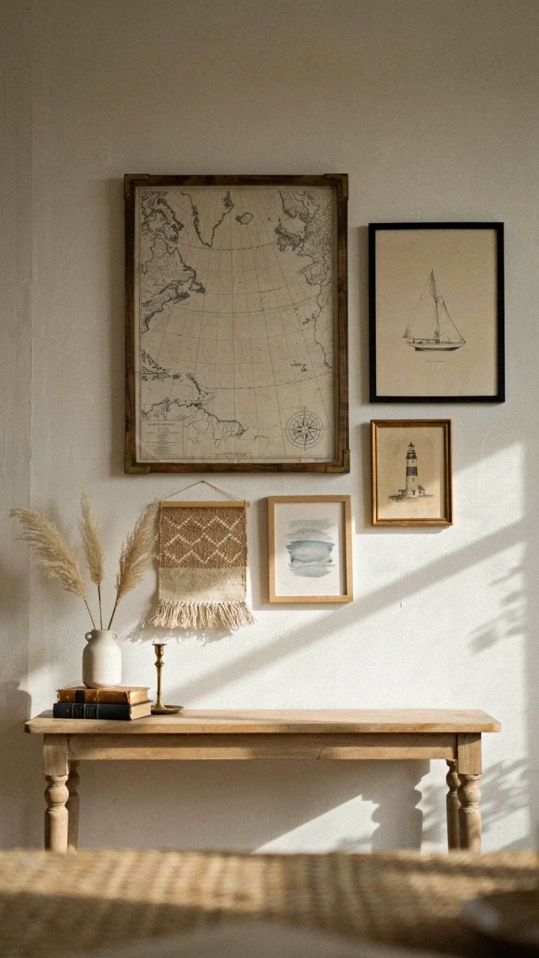 a curated coastal gallery wall, mix of framed vintage maritime map, simple line art print, and a small woven wall hanging, varied frame sizes and finishes, warm afternoon light raking across the wall, styled above a console with a small vase