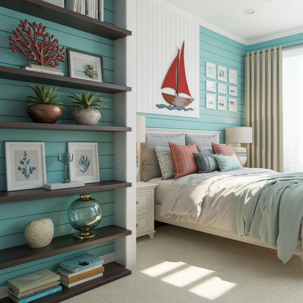 A coastal-themed bedroom interior with a turquoise blue accent wall and white wooden paneling.