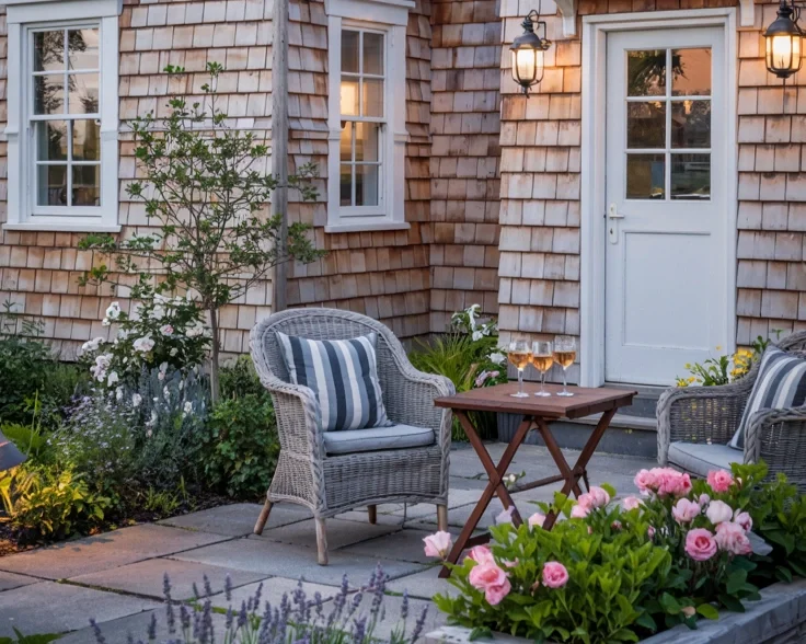 a coastal cottage home exterior with a small decorated patio.