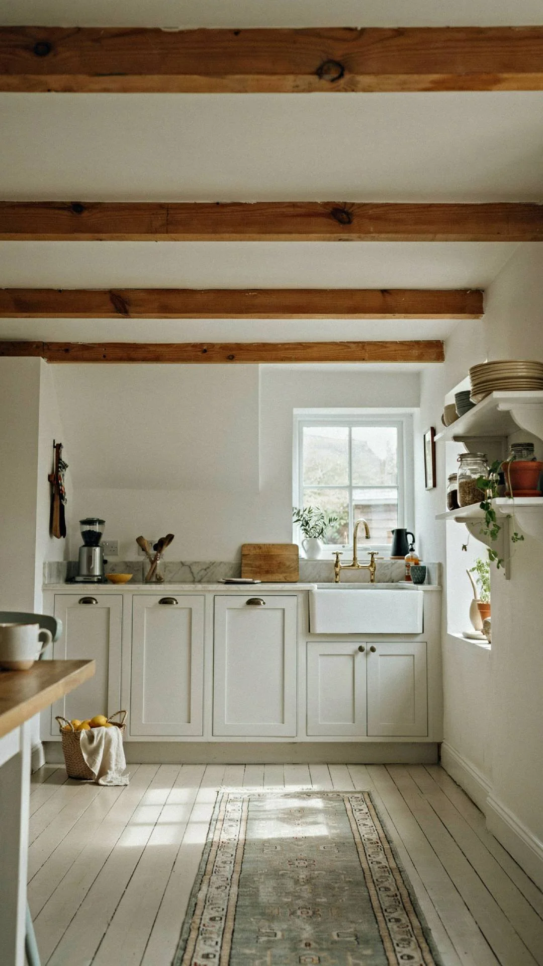 Full wide kitchen shot with natural wood ceiling beams spaced evenly across a white ceiling, white cabinetry below, warm natural light streaming in, cozy cottage atmosphere, photorealistic