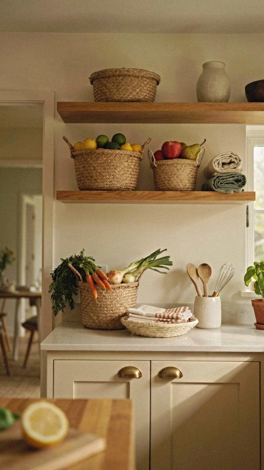 Full kitchen shot with woven seagrass and rattan baskets on open shelving and countertops, holding produce and dish towels, warm wood tones, natural light, cozy lived-in styling, photorealistic