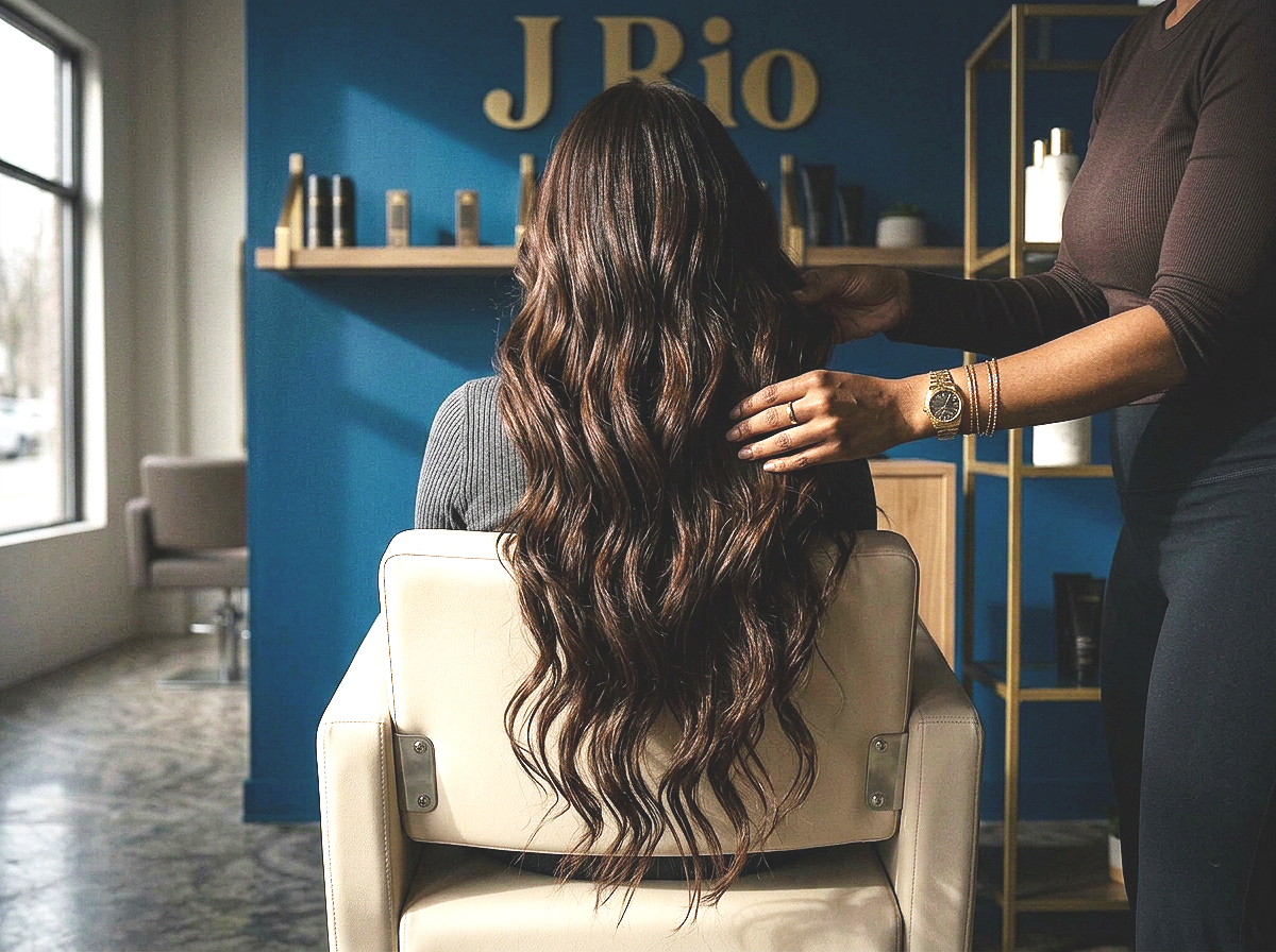 A woman with long, wavy brown hair sitting in a salon chair, receiving a hair treatment from a stylist in a salon with blue walls.