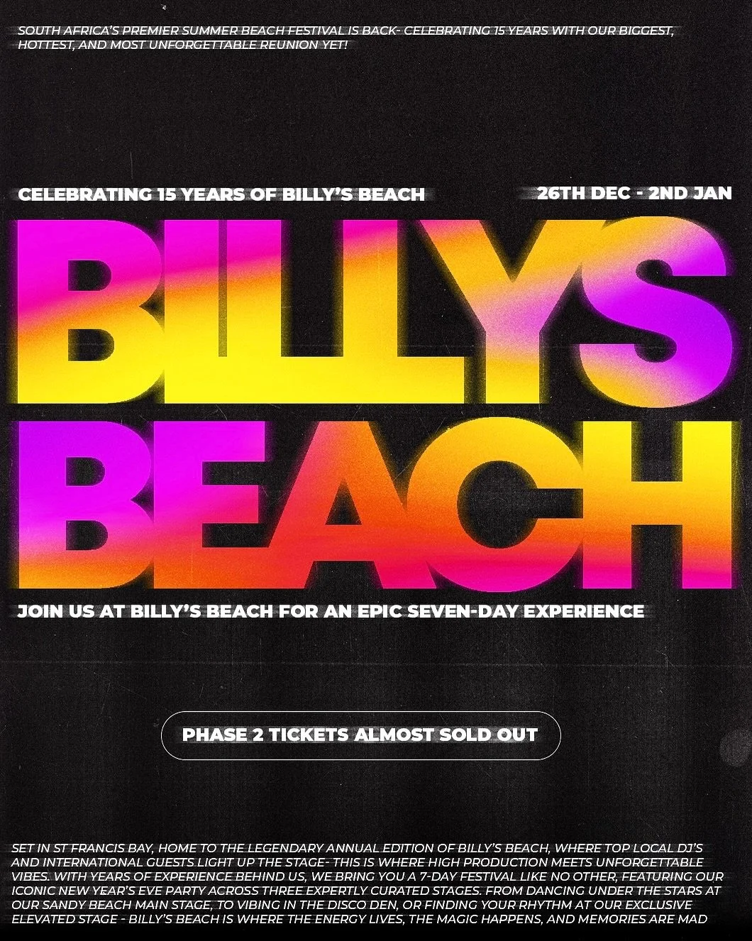 EARLY BIRD SEASON PASSES FLYING&ndash; 75% SOLD! 🚨

Phase 2 = basically gone.
This is your sign ⚠️

Secure your spot at South Africa&rsquo;s premier beach festival &mdash; where the beats hit hard, the sunsets hit different, and the crowd does not s