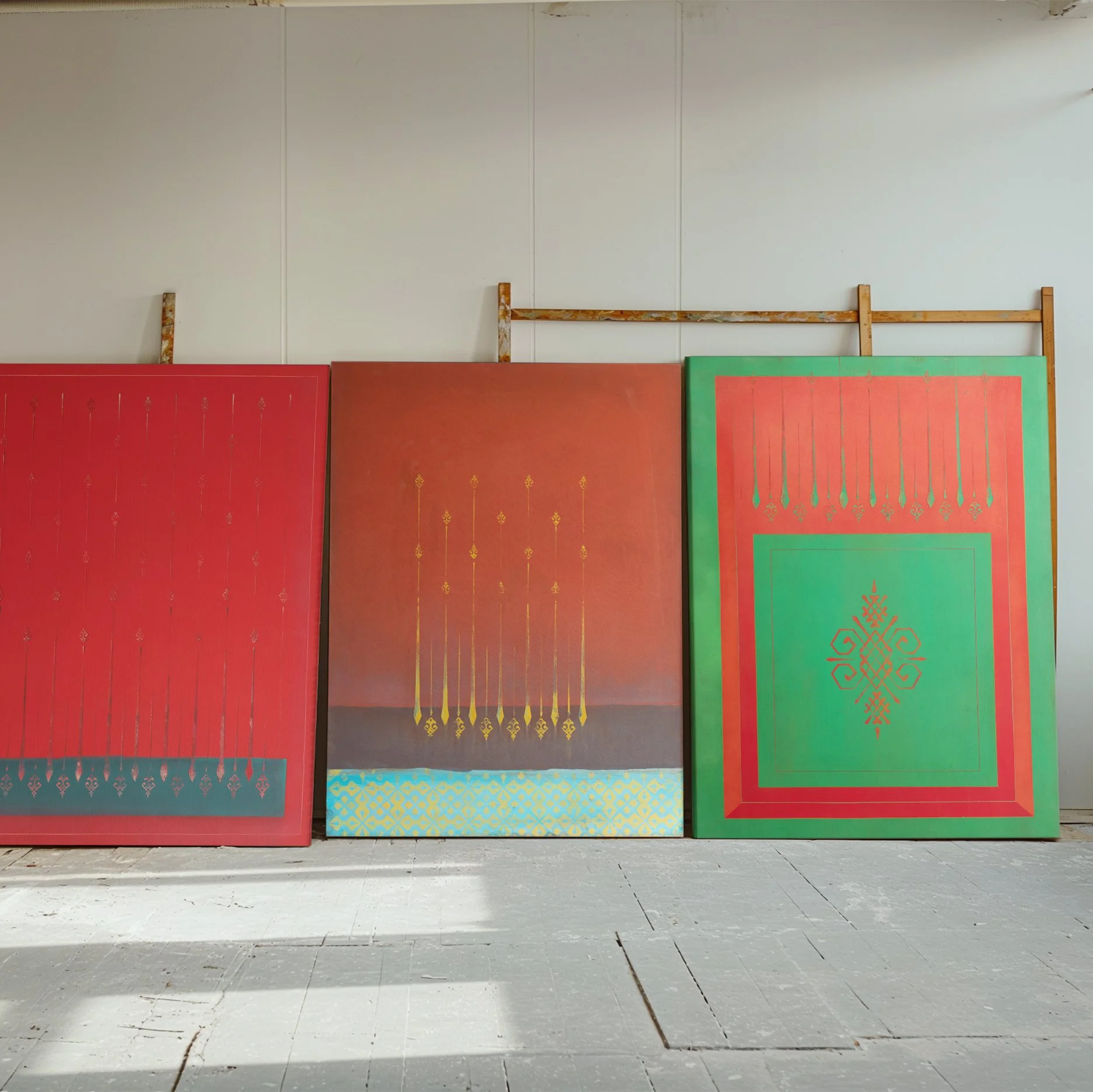 Yantras pieces in the studio after stretched