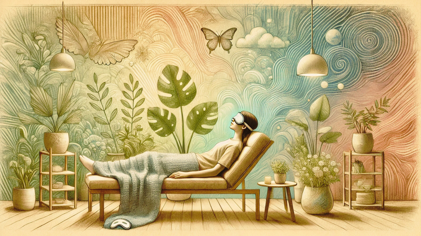 Illustration of a person relaxing on a chaise with an eye mask, surrounded by houseplants and a stylized wall mural of butterflies and abstract patterns, creating a calming atmosphere.