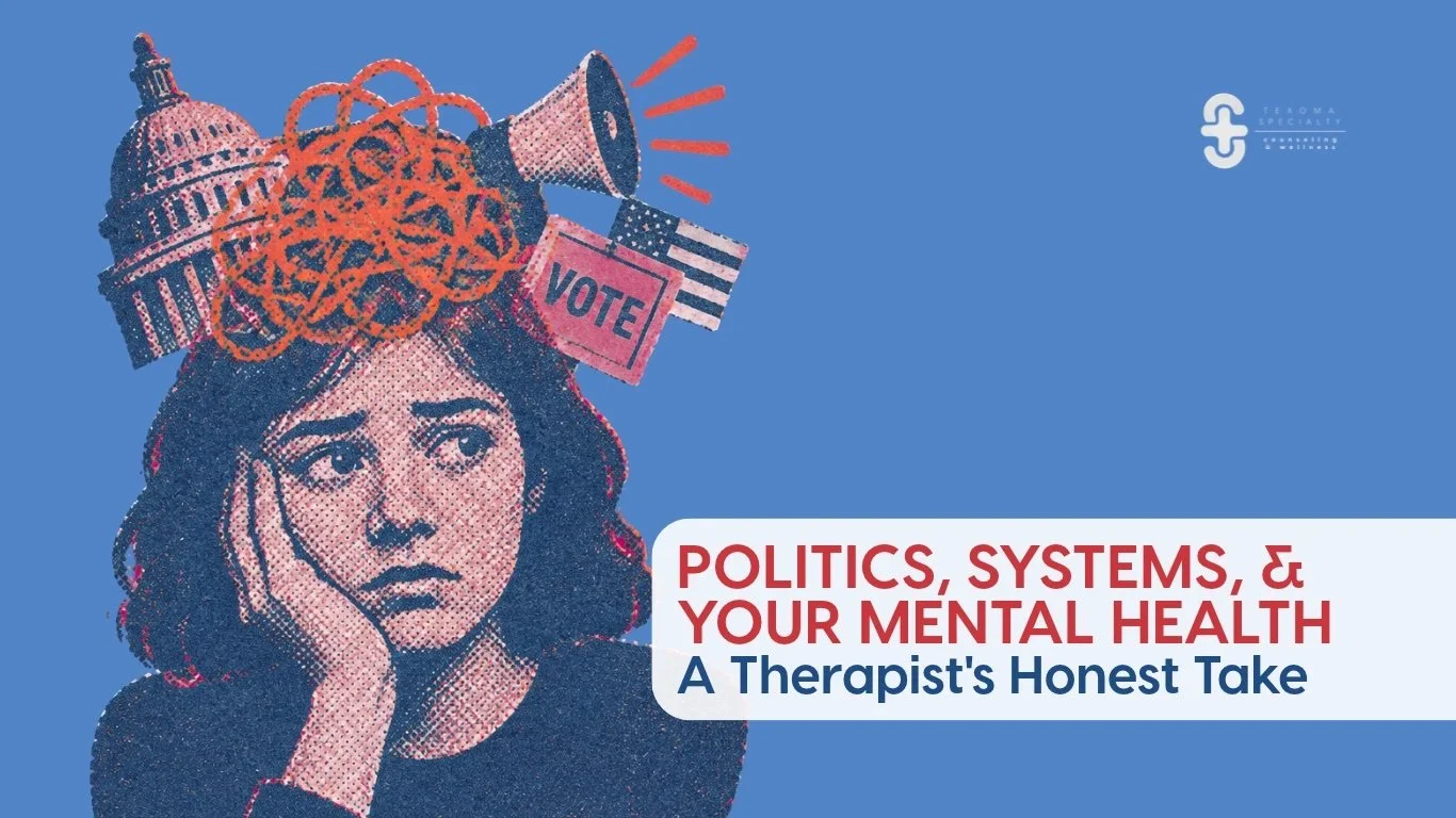 Illustration of a stressed woman under the Capitol, a megaphone and a VOTE sign, titled Politics, Systems & Your Mental Health