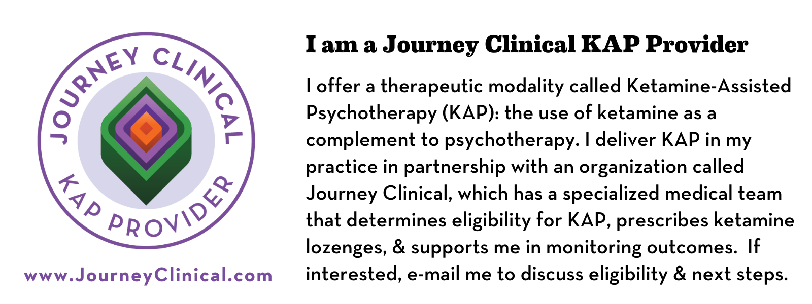 Logo of Journey Clinical KAP Provider with text describing Ketamine-Assisted Psychotherapy services, eligibility, and contact information.