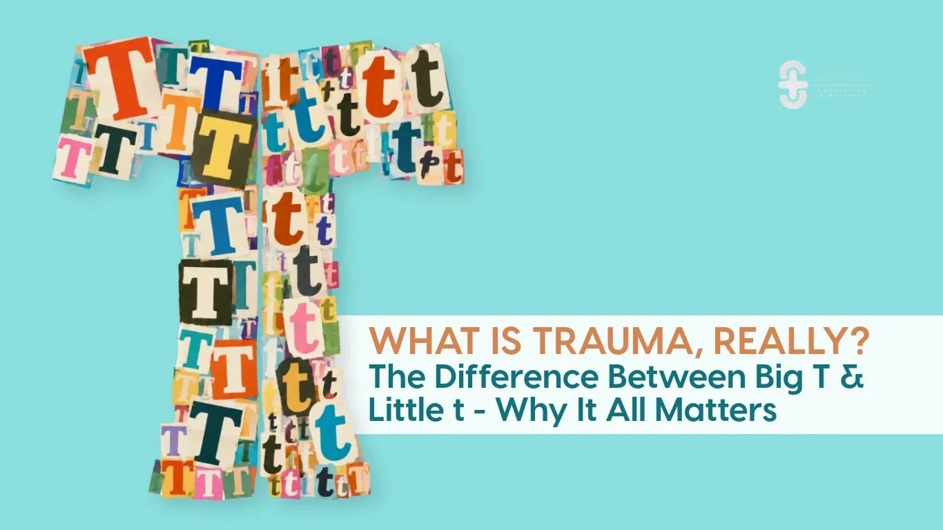 Illustration of a large T made of cut-out letter Ts, titled What Is Trauma, Really? The Difference Between Big T & Little t