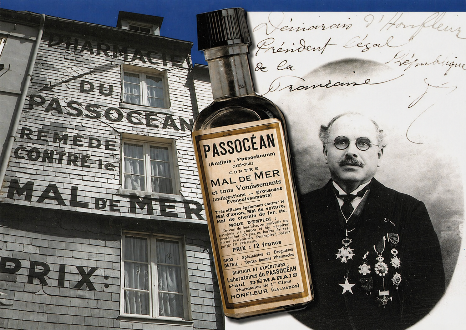 Flacon original du remède contre le mal de mer inventé par Paul DEMARAIS dans les années 30.  Carte postale pour la pharmacie du Passocéan en 2007. Photo Jean-Yves LORIOT.