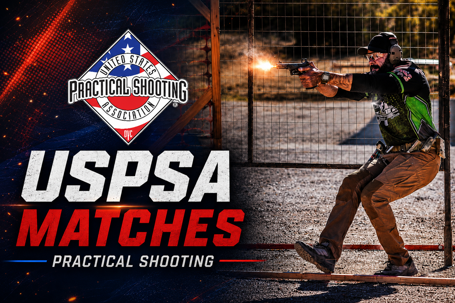 A man shooting a handgun at a shooting range, wearing ear protection, a hat, glasses, and tactical clothing, with dirt mounds and a target in the background.