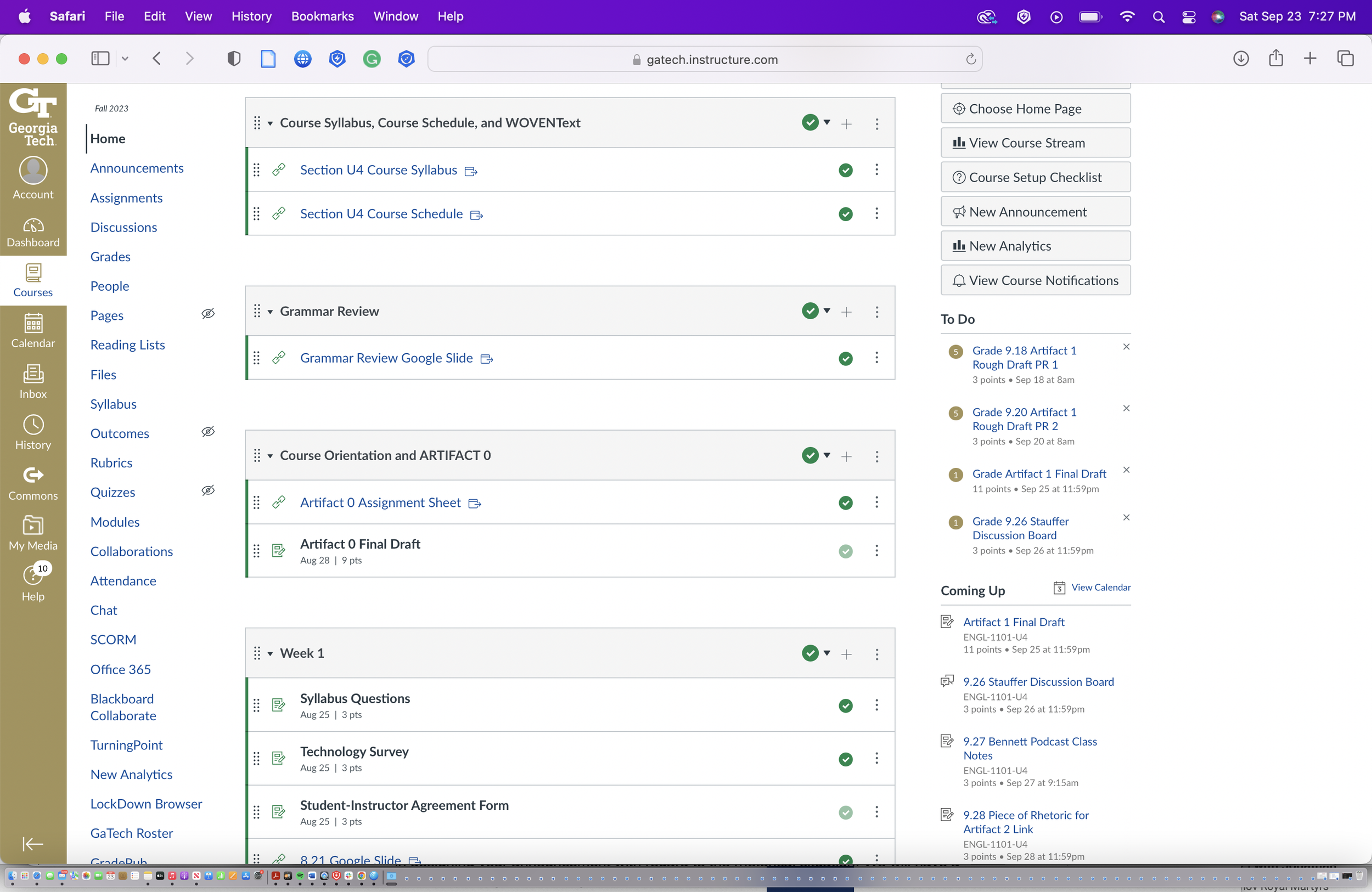 A page of my course shell for Fall 2023 showing content organized in modules according to the syllabus and schedule, grammar,  and modules for projects with modules for the weeks assigned to those projects.