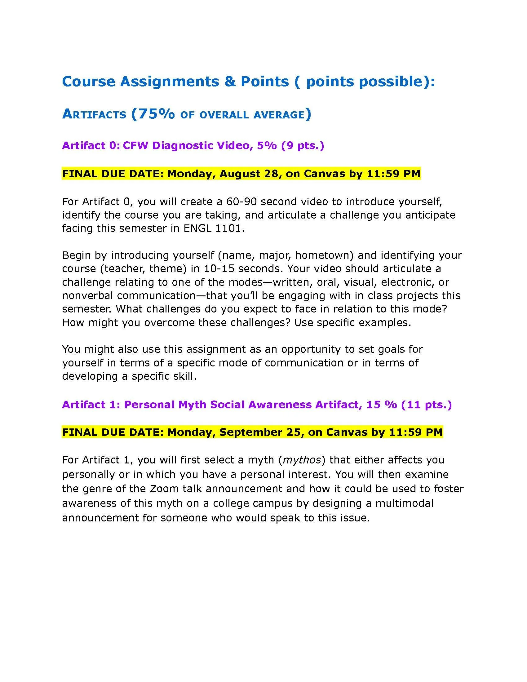 An 1101 syllabus for Fall 2023, showing blue main headings for a main section covering course assignments, purple subheadings for individual assignments, and final draft due dates highlighted yellow.