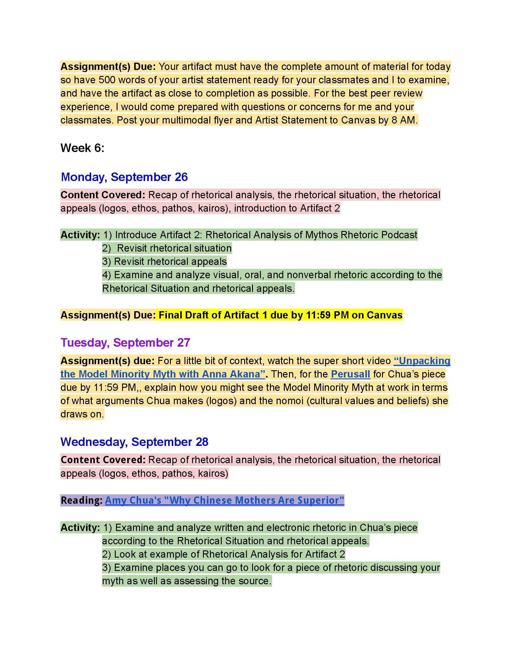 My Fall 2022 syllabus is color-coded and uses headings, but there are not direct links to particular assignments that are all available on Canvas.