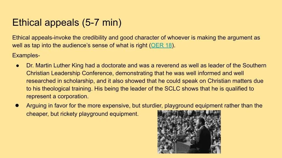 An image slide from my lesson on rhetorical analysis that includes an image of Martin Luther King Jr. under text and a fair amount of text on the slide.