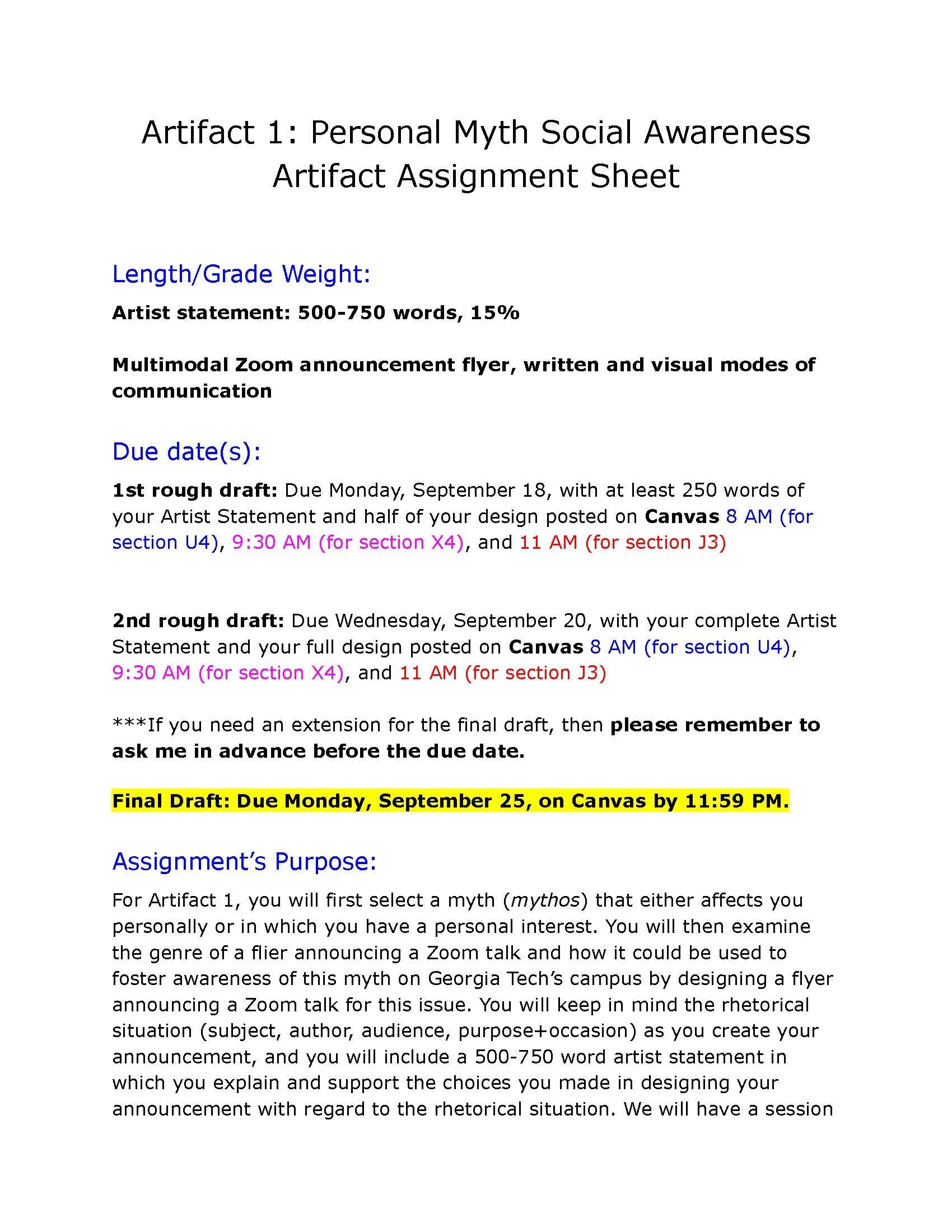 An image of the revised first page of my assignment sheet for Artifact 1, in which I highlight the final due date, use color coding for different course sections, and use headings to differentiate different sections to create a table of contents.