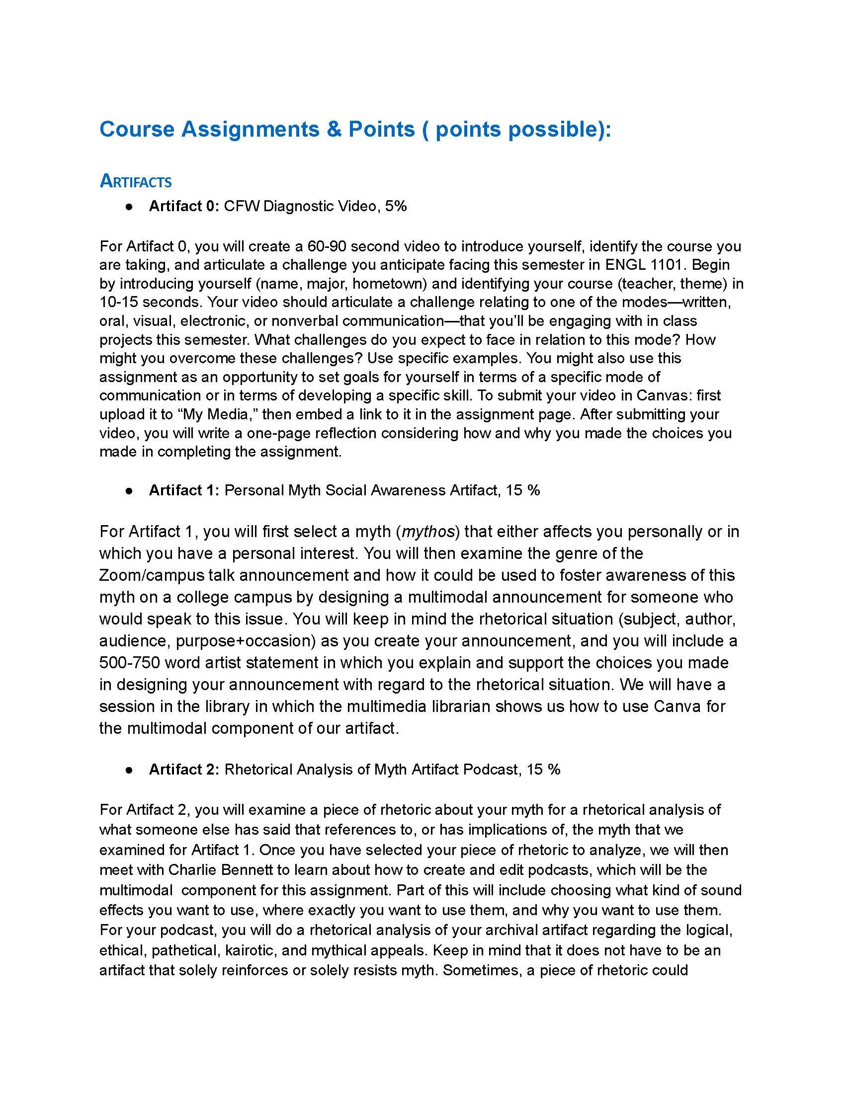 An 1101 syllabus for Fall 2022, with blue headings for main sections, and a blue subheading for main projects.  Individual artifacts are bolded next to a bullet point, but no other color or contrasting of information is present.