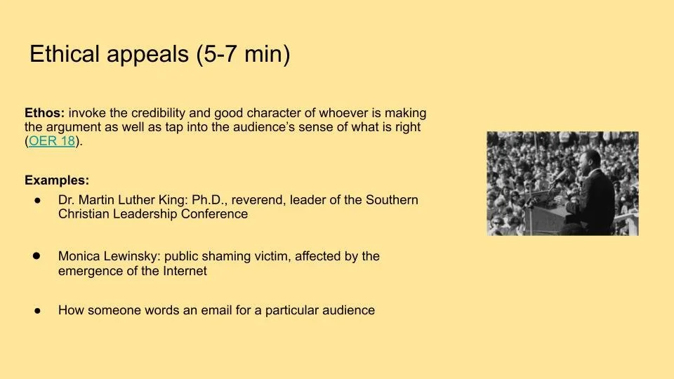 A revision of the slide from the same lesson on rhetorical analysis, where there is less content with bullet points and the image of Martin Luther King Jr. is to the right while the text is to the left.