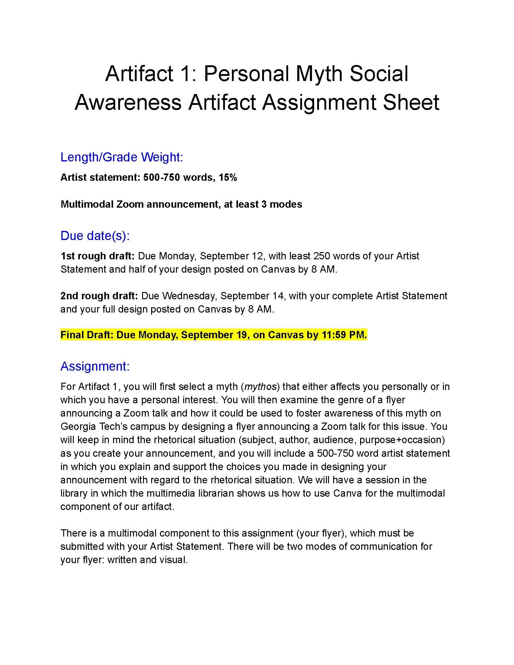 An image of the first page of my assignment sheet for Artifact 1, in which I highlight the final due date and use color for different sections.