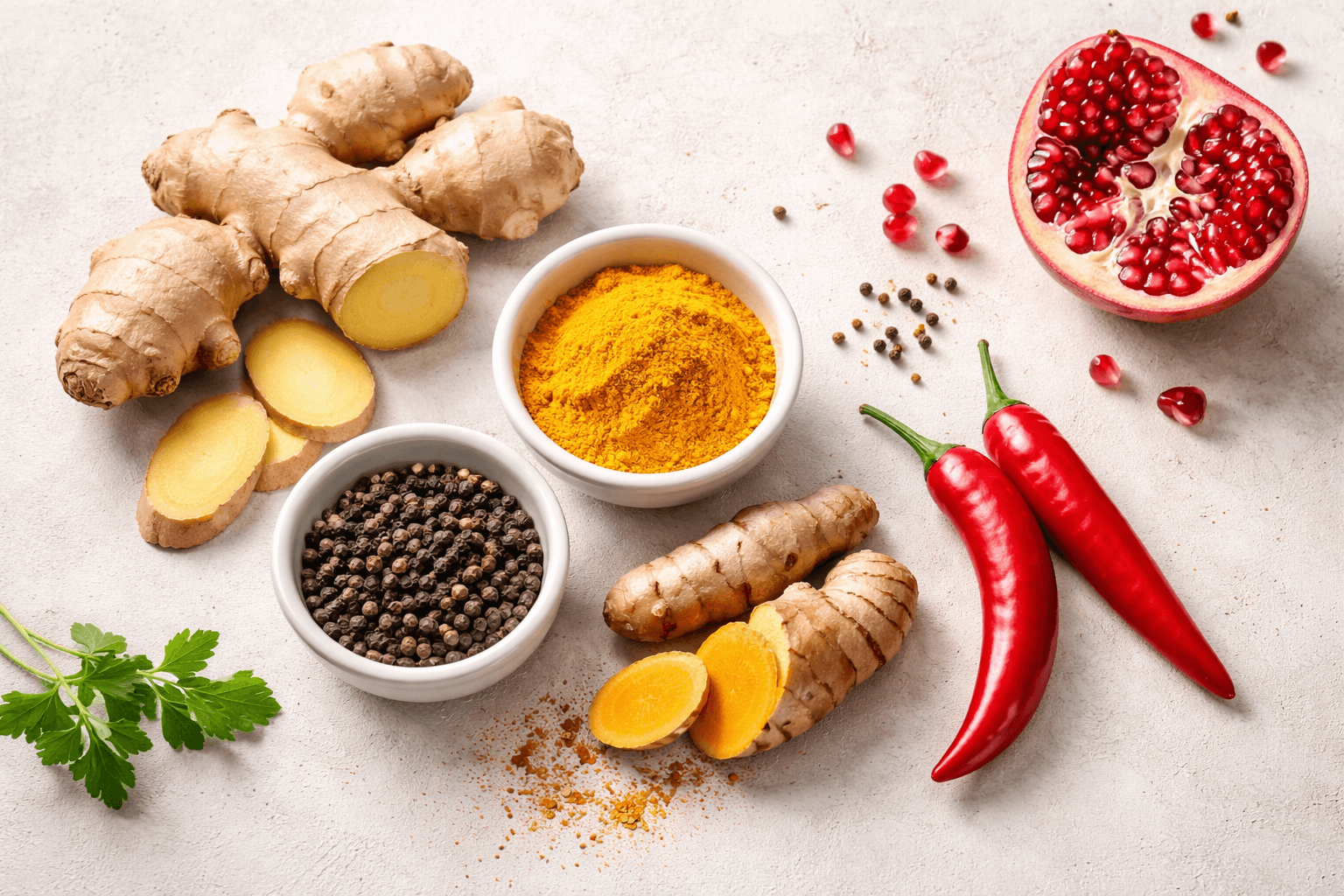 Ginger, turmeric, black pepper, chili peppers, and pomegranate shown as foods that support gut barrier function and help regulate gut inflammation
