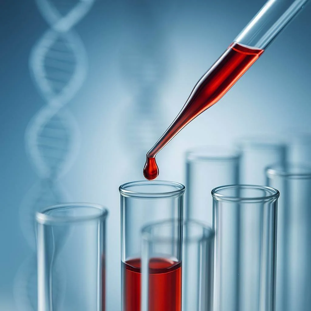 Close-up of a pipette dispensing red liquid into a test tube with blurred DNA strands in the background, symbolizing blood-based biomarker research