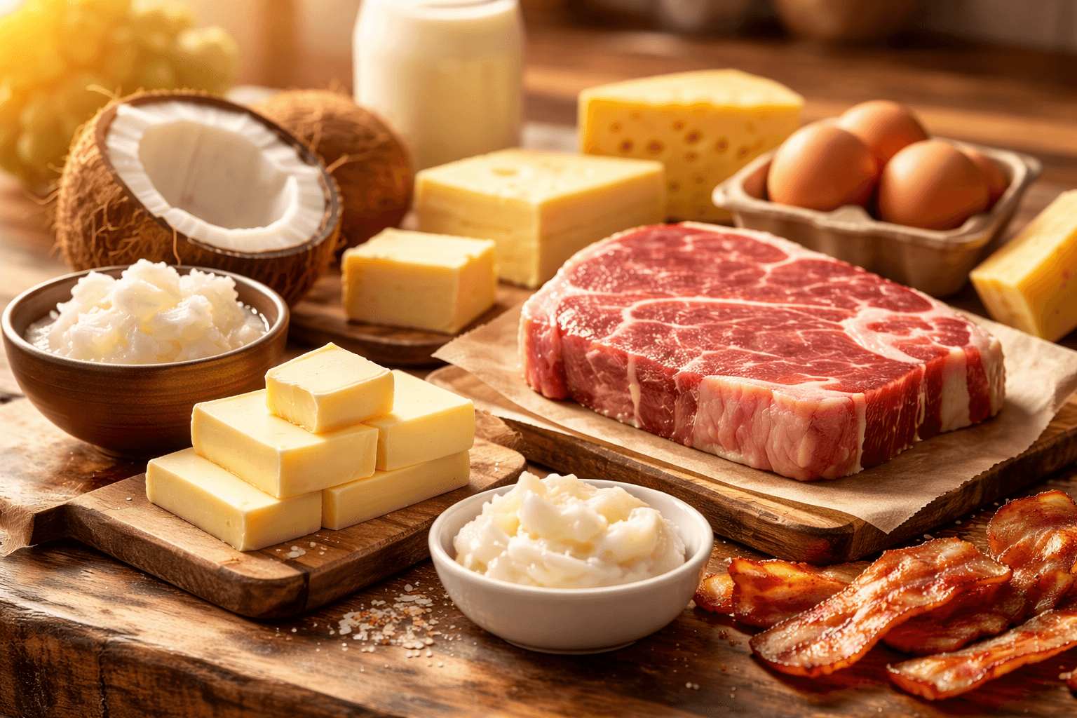 Common dietary sources of saturated fat, including butter, red meat, cheese, and coconut, shown together on a kitchen table
