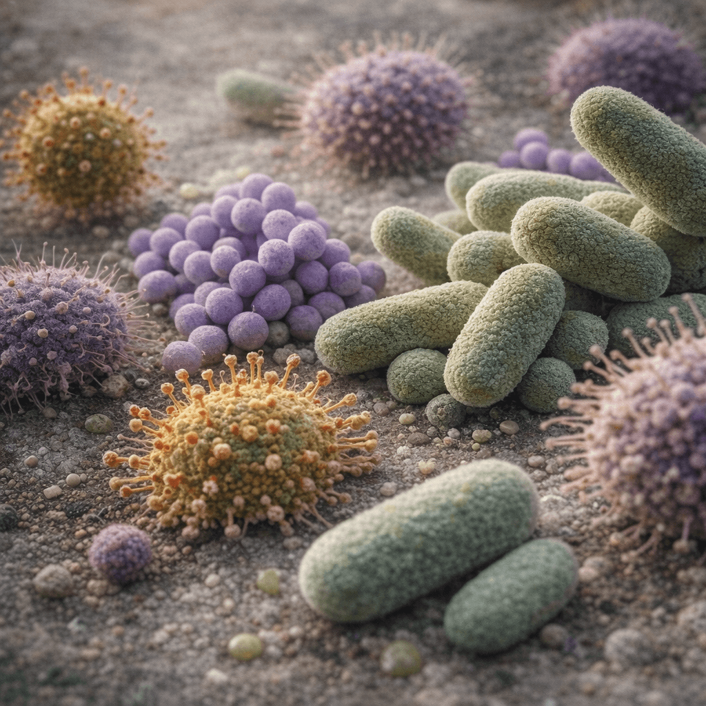 Close-up image of mixed gut bacteria, illustrating microbial components linked to endotoxin (LPS) exposure in ME/CFS and long COVID.