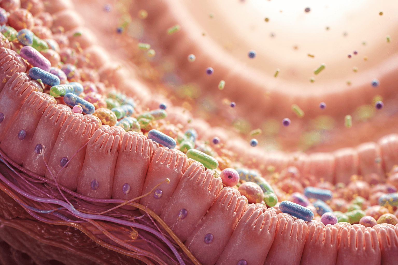 3D illustration of intestinal lining and gut microbiome showing barrier function and microbial activity in long COVID and ME/CFS