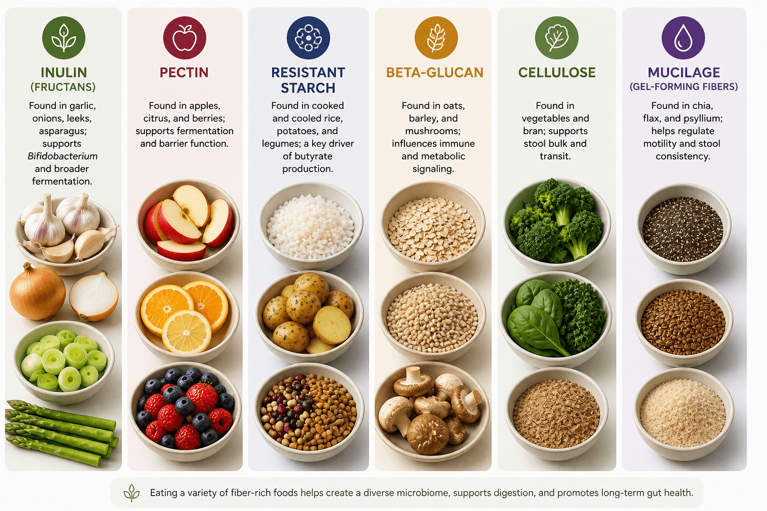 infographic showing different fiber types including prebiotic, soluble, resistant starch, fermentable, insoluble, and gel-forming fibers with example foods for gut health in long COVID and ME/CFS
