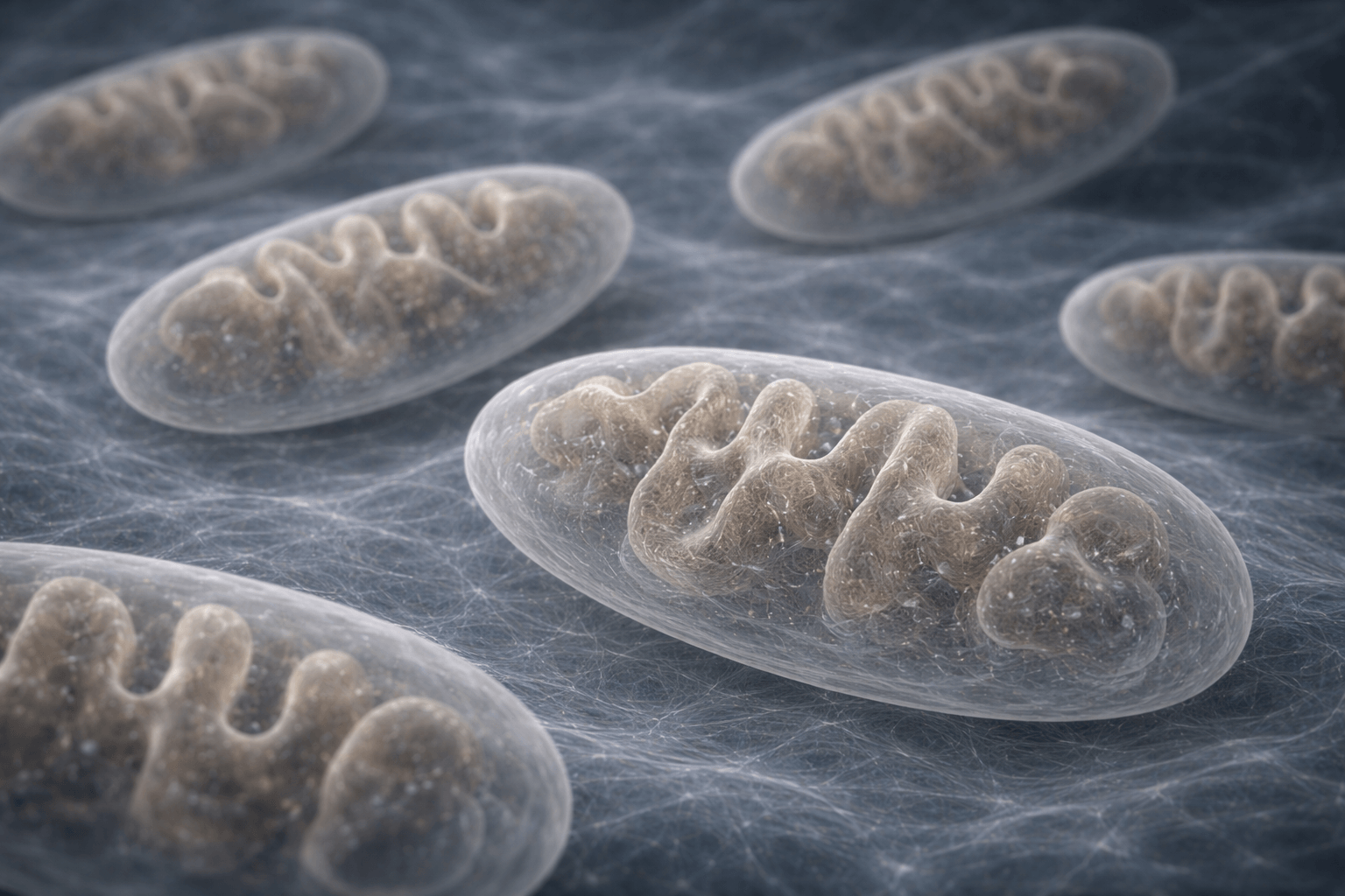 abstract depiction of mitochondria and cellular energy dysfunction in long COVID