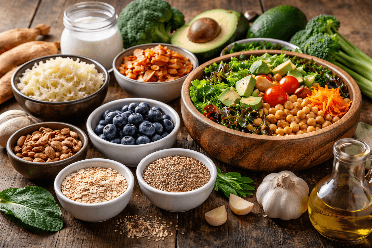 Assortment of fiber-rich foods associated with gut microbiome support and butyrate production, relevant to LPS exposure and immune regulation.