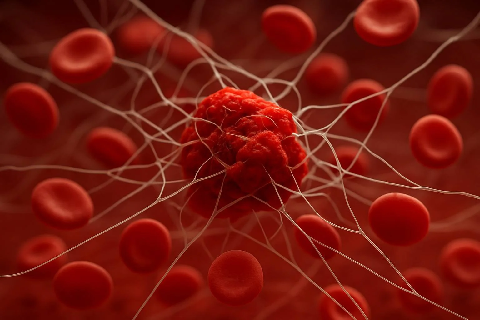 Microscopic view of a red blood clot surrounded by fibrin strands, illustrating the clotting process involved in microclot formation.