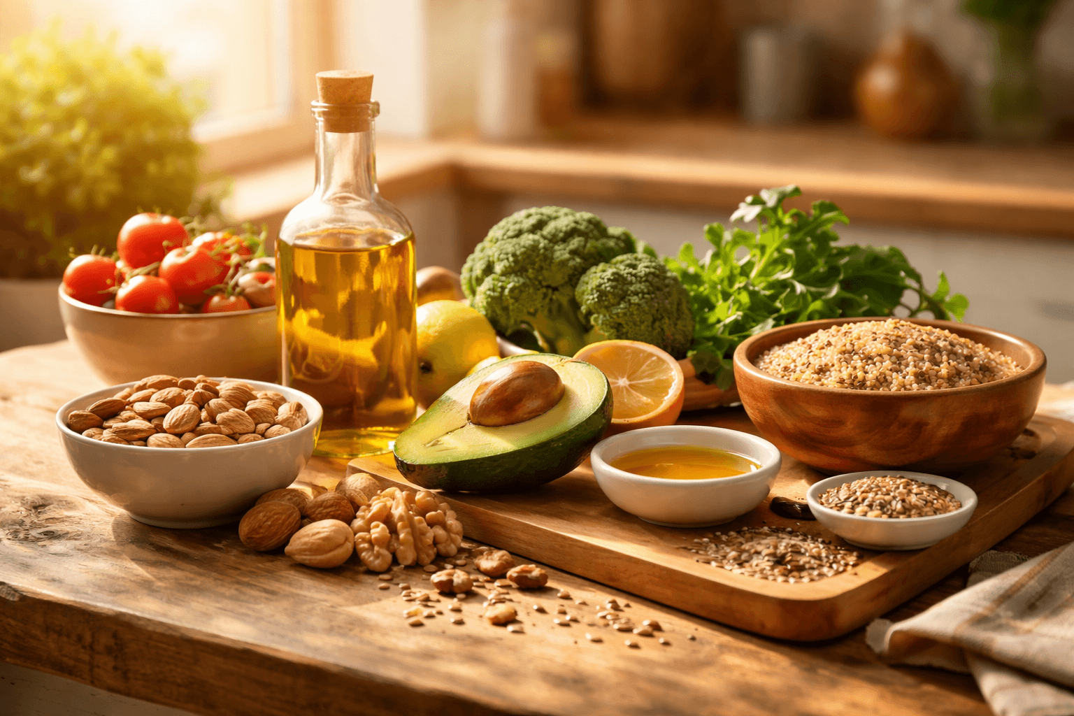 Olive oil served with fiber-rich foods like vegetables, nuts, and whole grains, illustrating how fat is consumed within a gut-supportive dietary context.