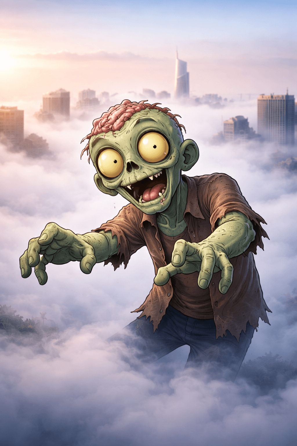 Cartoon zombie emerging from foggy city skyline, representing senescent zombie cells and brain fog in long COVID and ME/CFS