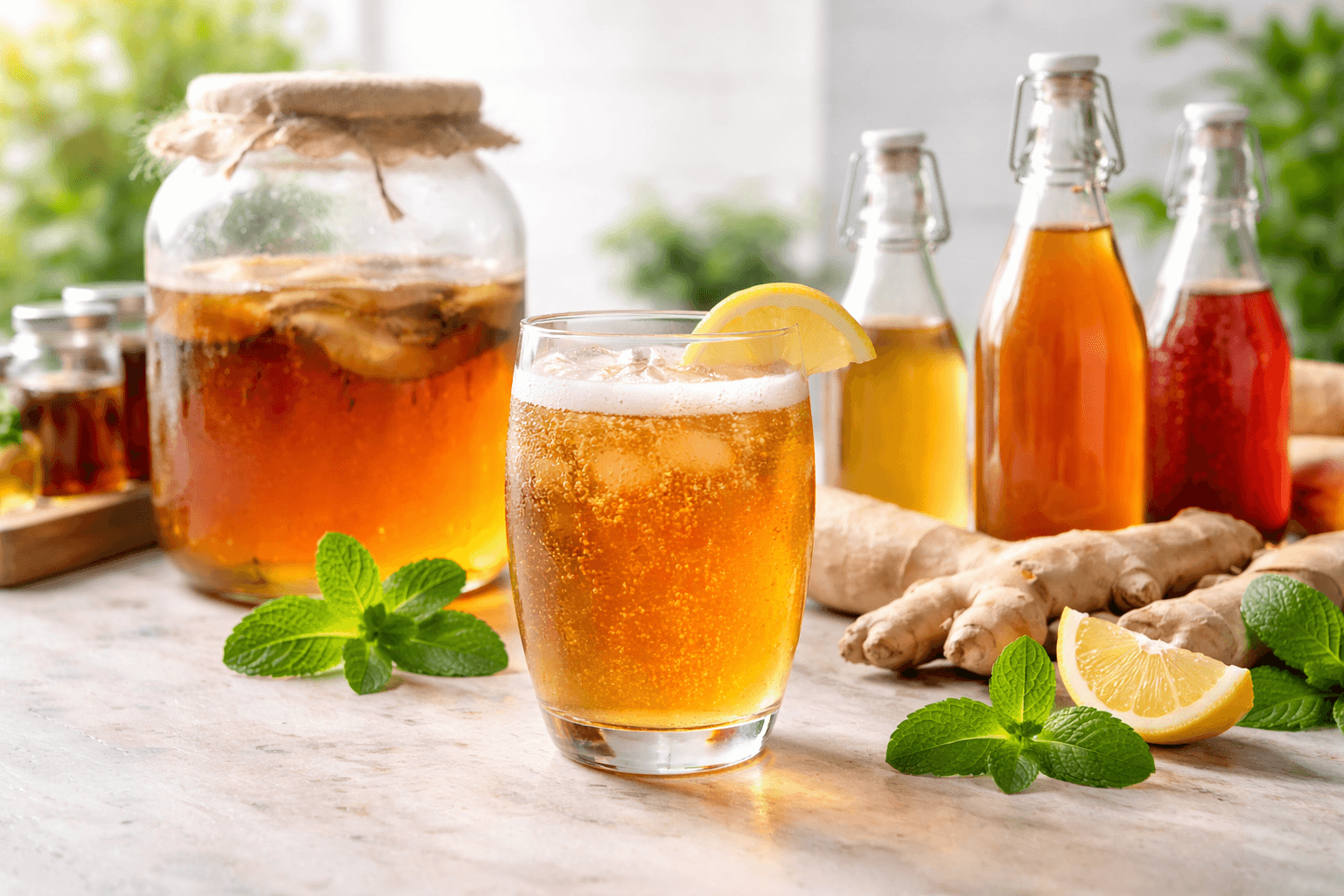 Glass of kombucha with SCOBY jar and bottled fermented drinks, illustrating fermented beverages that may affect alcohol tolerance in long COVID and ME/CFS.