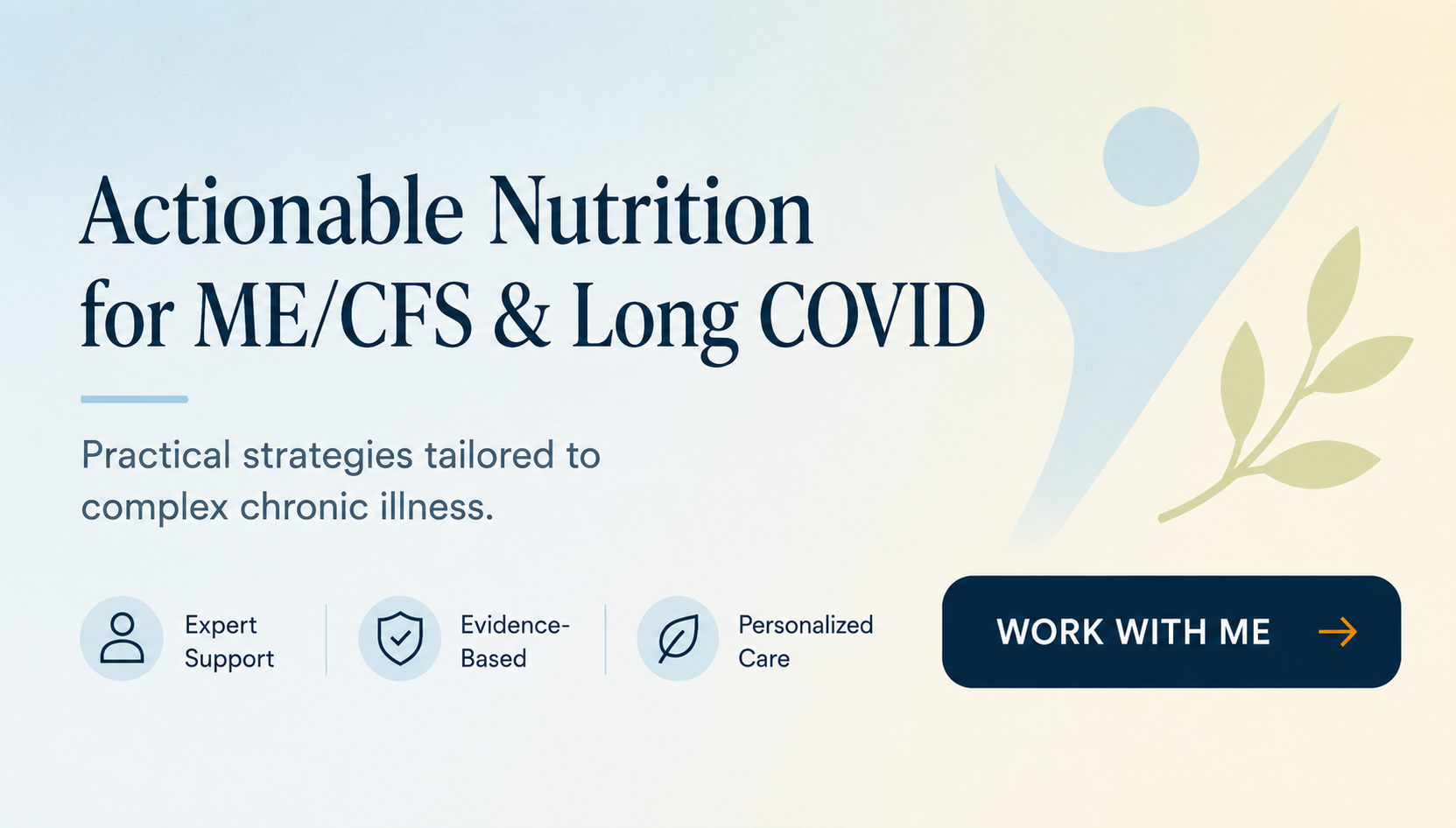 Banner for evidence-based nutrition consultations focused on ME/CFS and long COVID nutrition strategies.