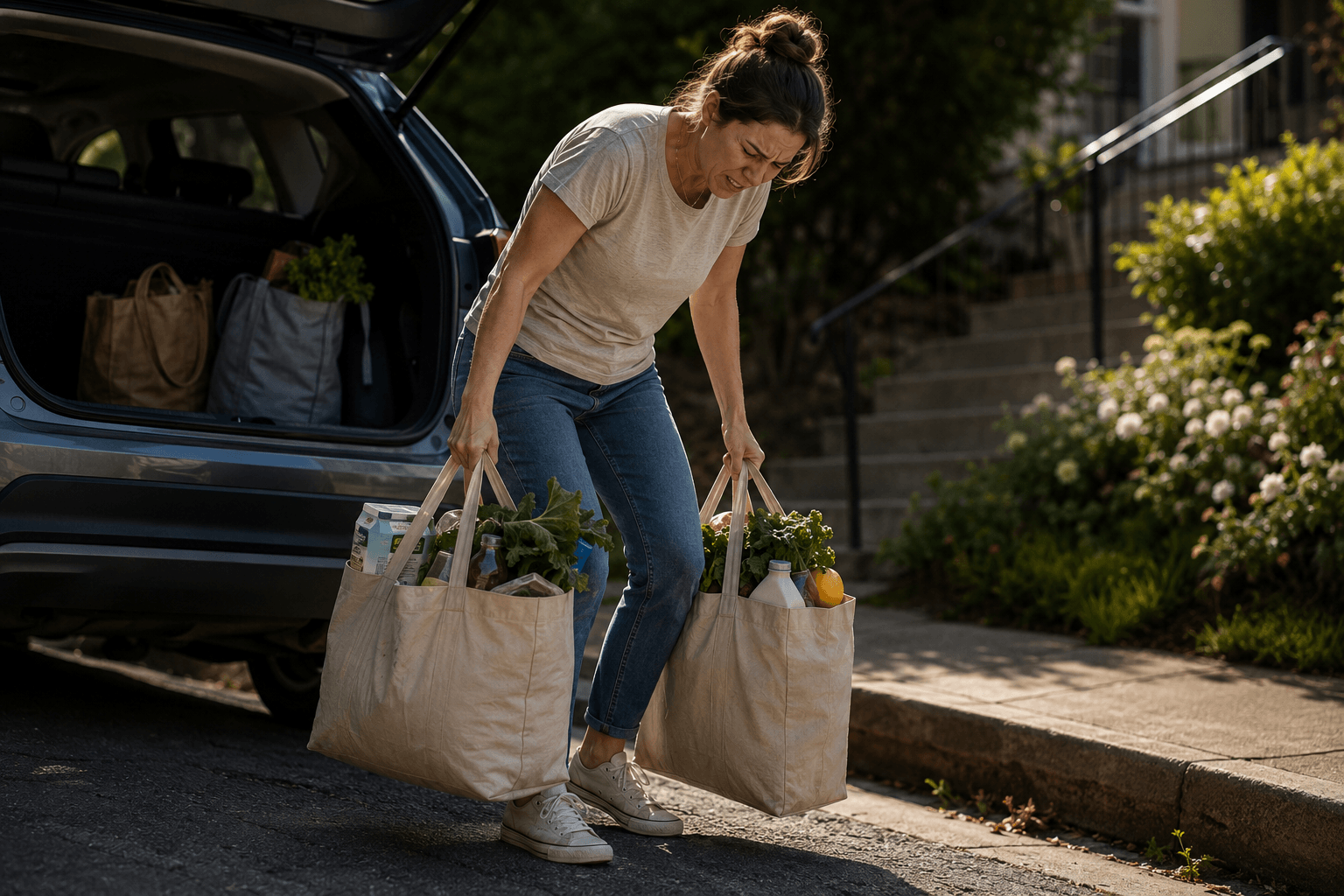 Woman carrying heavy grocery bags from her car, showing how everyday tasks can feel physically demanding in ME/CFS and long COVID.