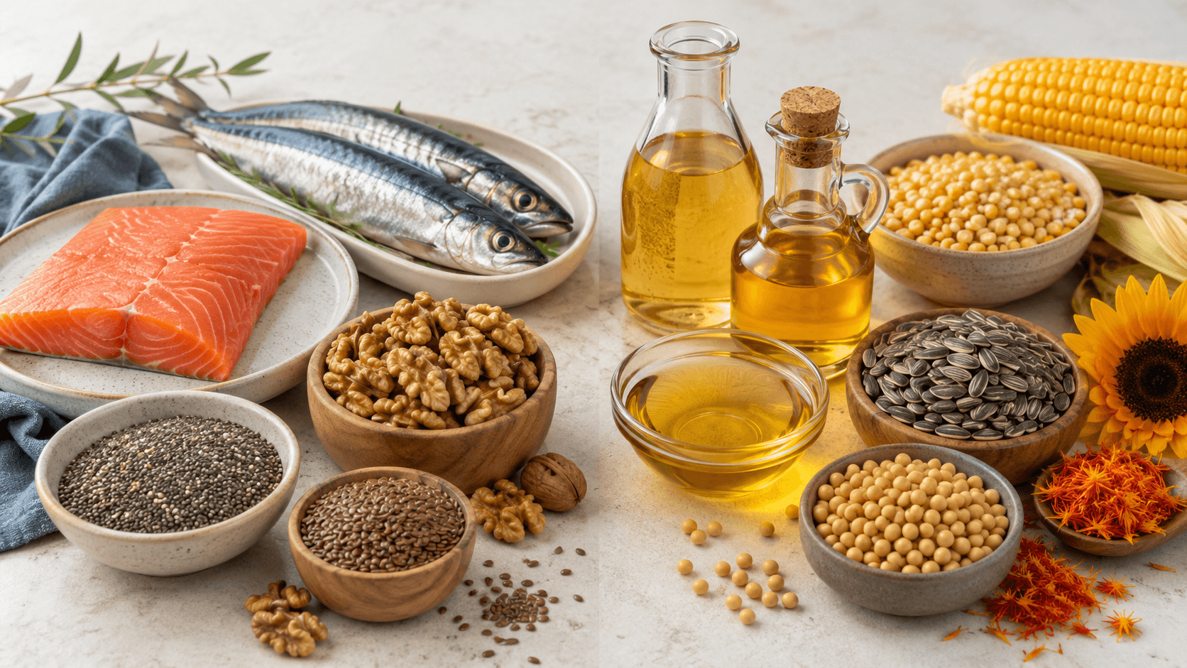 Omega-3 foods including salmon, sardines, walnuts, chia, and flax beside omega-6-rich seed oils, sunflower seeds, soybeans, and corn