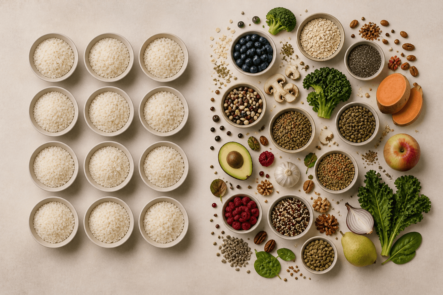 contrast of repetitive white rice bowls versus diverse fiber-rich foods illustrating gut health and fiber diversity in long COVID and ME/CFS
