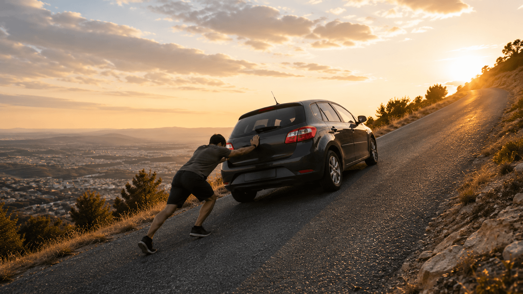 Man pushing a car uphill on a steep road at sunset, symbolizing limited energy reserve and increased effort in ME/CFS and long COVID.