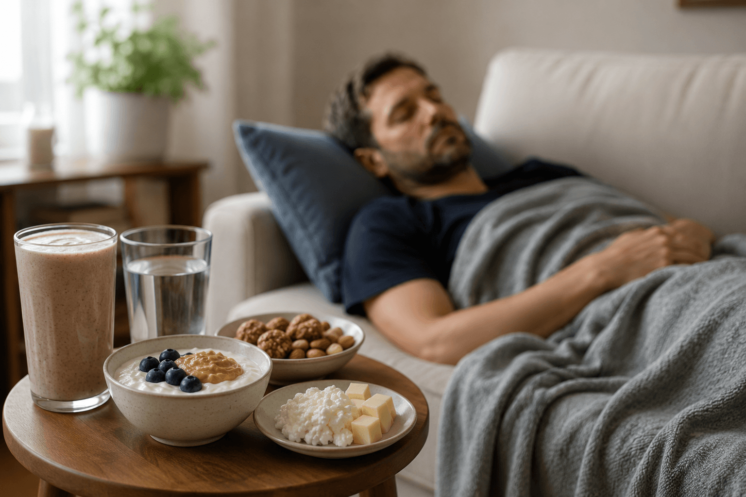 High-protein, calorie-dense foods on a side table next to a man resting on a couch under a blanket.