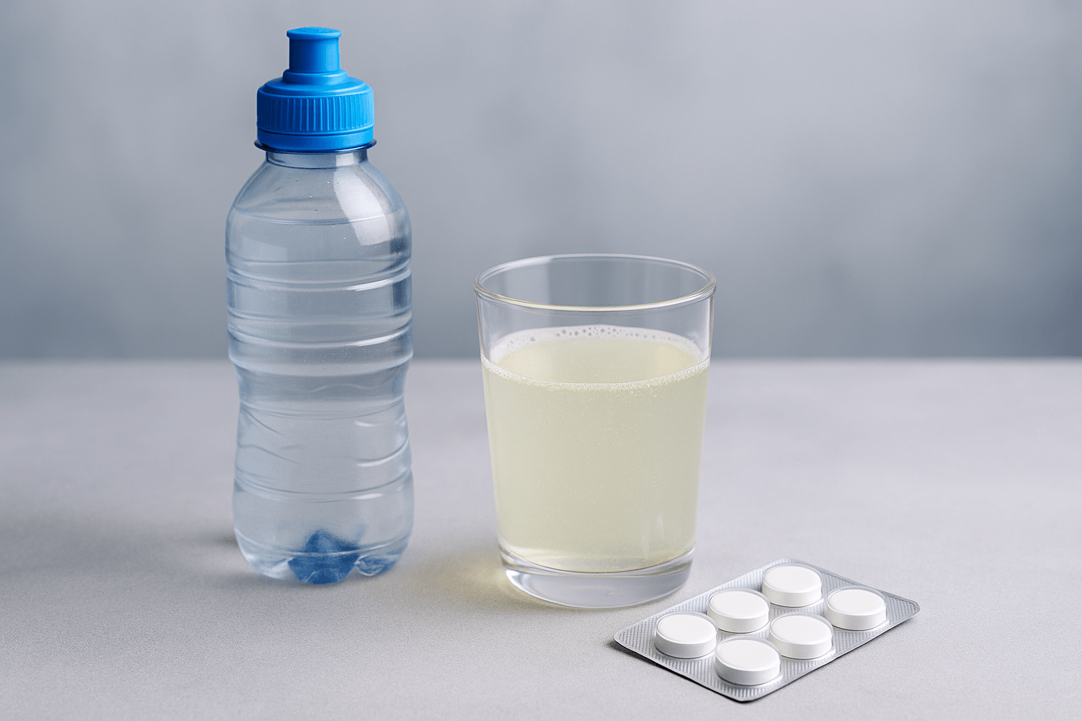 Electrolyte drink, water bottle, and salt tablets — supporting hydration and blood volume in orthostatic intolerance (POTS).