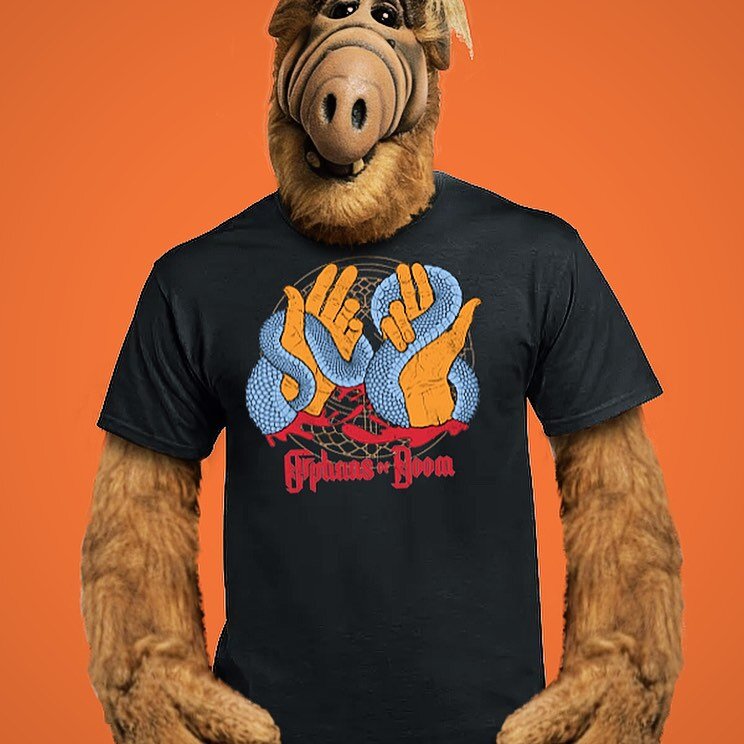 New shirts incoming and modeled by our roadie. Available 11.11.23. #metalshirts #alf #kansascitymetal #willie #melmac