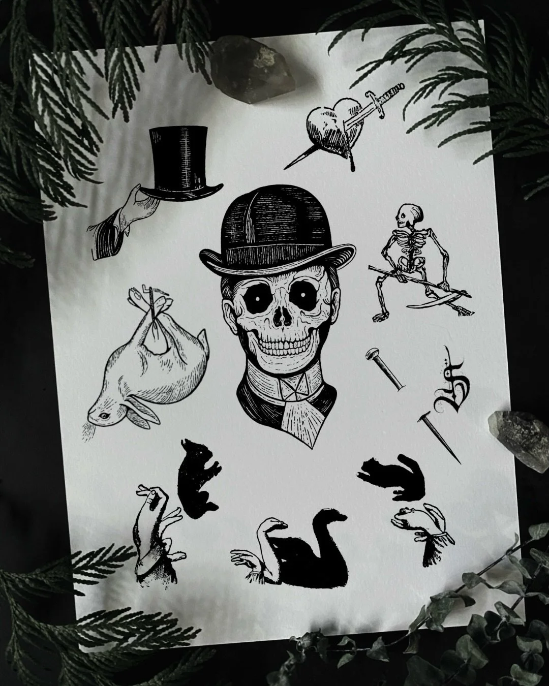 Old timey creepy sheet I made for the heck of it ☠️ 

Big spooky guy was created by me using multiple references of old pieces of artwork from around the same time, the rest were redraws/adjusted pieces of some elderly art from centuries ago to make 