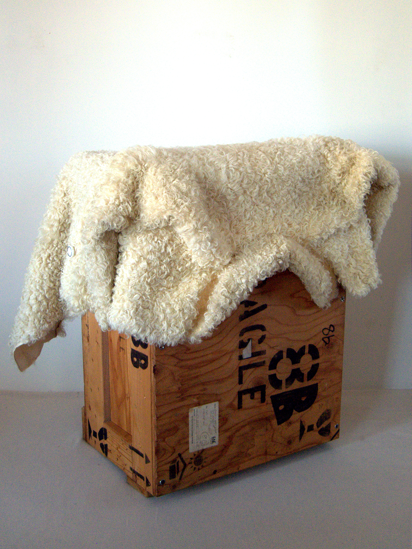 Full installation view: Hide is made from a salvaged vintage sheepskin jacket, glass beads, natural pearls, and a used art shipping crate.