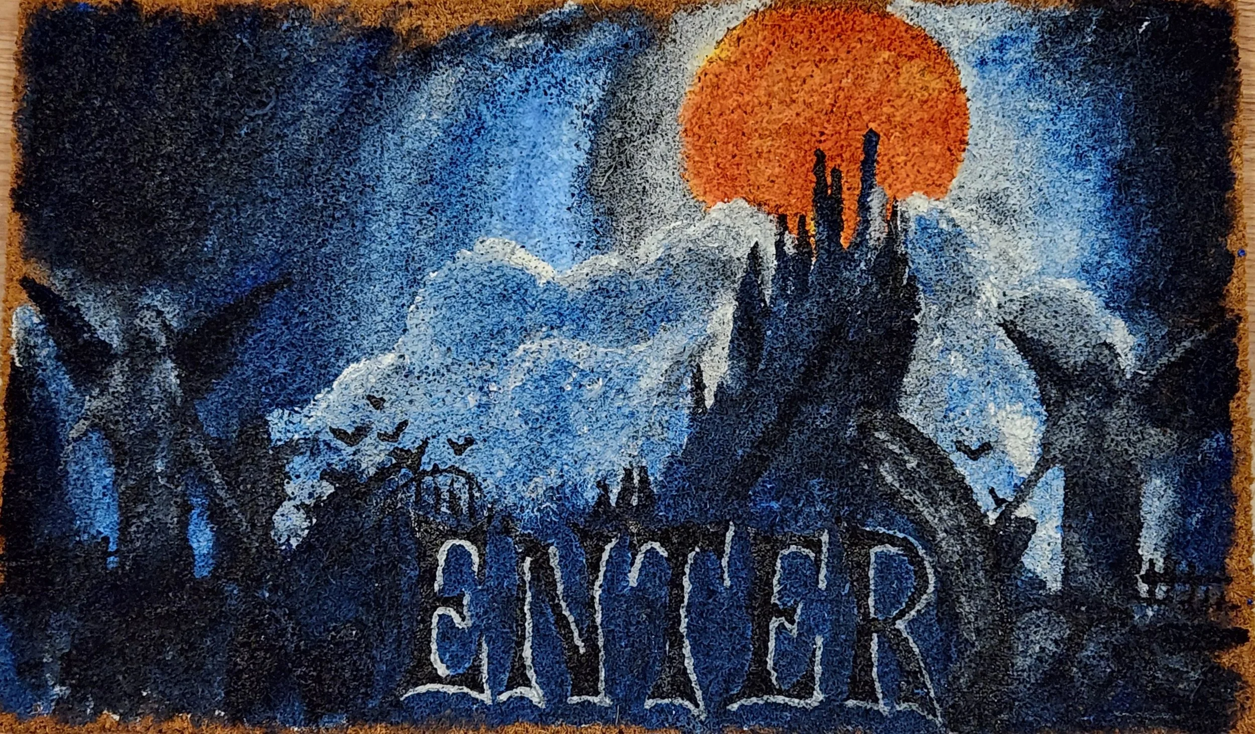 A spooky Halloween-themed painting with a dark castle, bats flying, a large orange moon, clouds, and the word "ENTER" written in spooky font at the bottom.