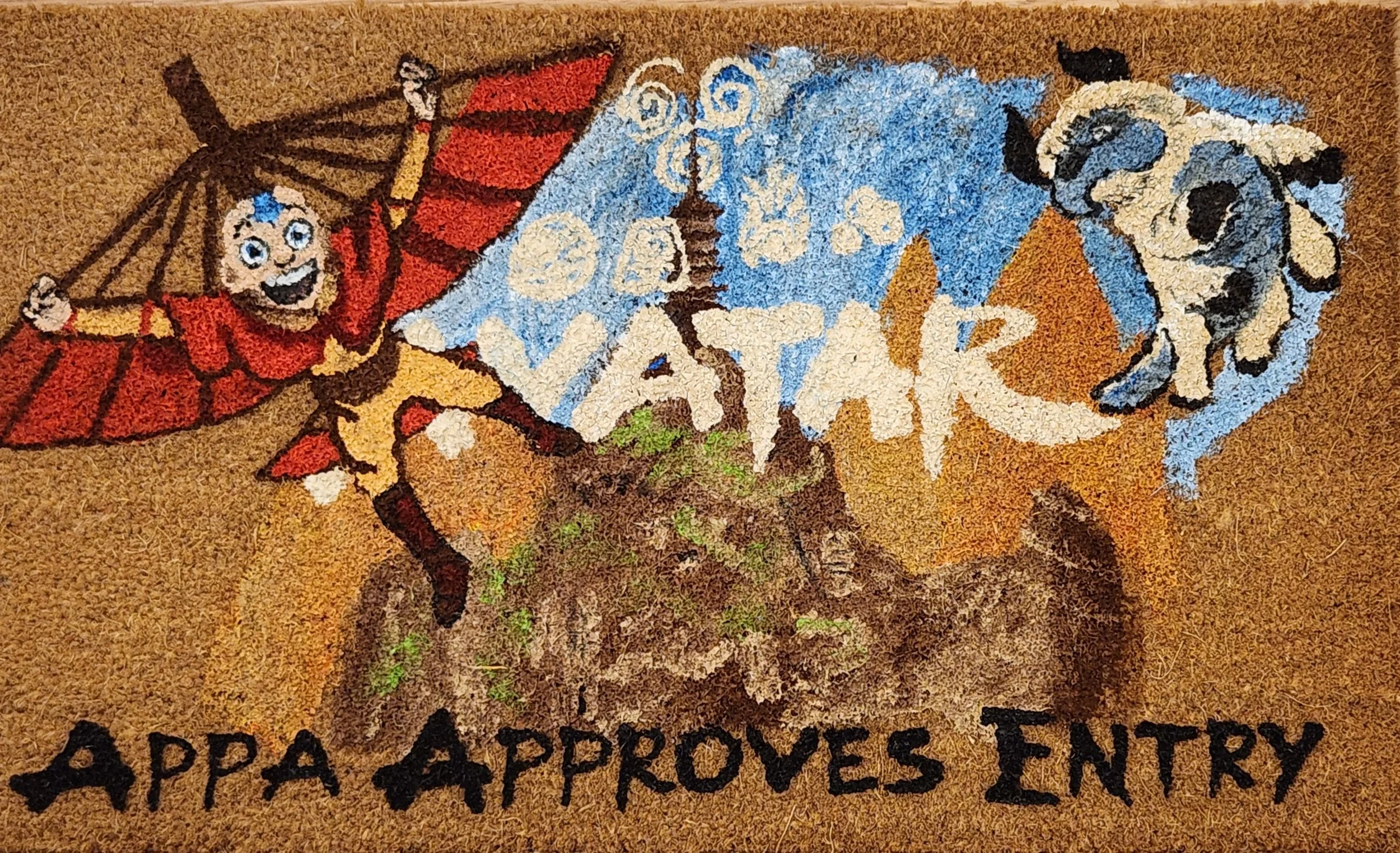 Day of the Dead decorative mat featuring a smiling child in a red outfit holding a red umbrella, a skeleton with a blue background and the word read, and a dog. The text 'APPA Approves Entry' is at the bottom.