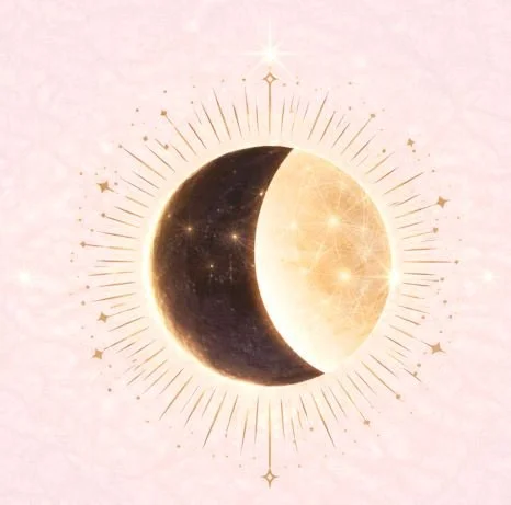 An artistic depiction of a crescent moon with a bright, glowing light on the right side, surrounded by radiant lines and small star illustrations.