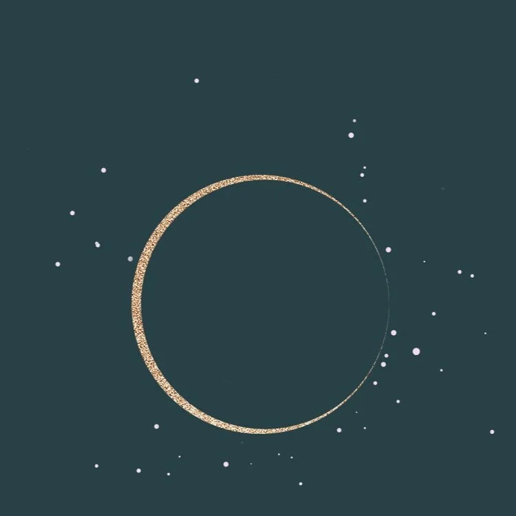 A glowing gold circle with a textured appearance, surrounded by small white dots, on a dark background.