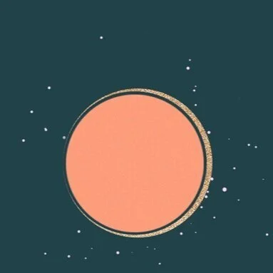 A stylized illustration of a peach-colored sun or planet with a textured gold ring around its edge, set against a dark teal background with small white stars.