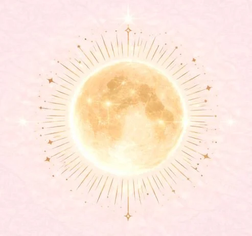 Illustration of a glowing full moon with radiating lines and stars on a light pink background.